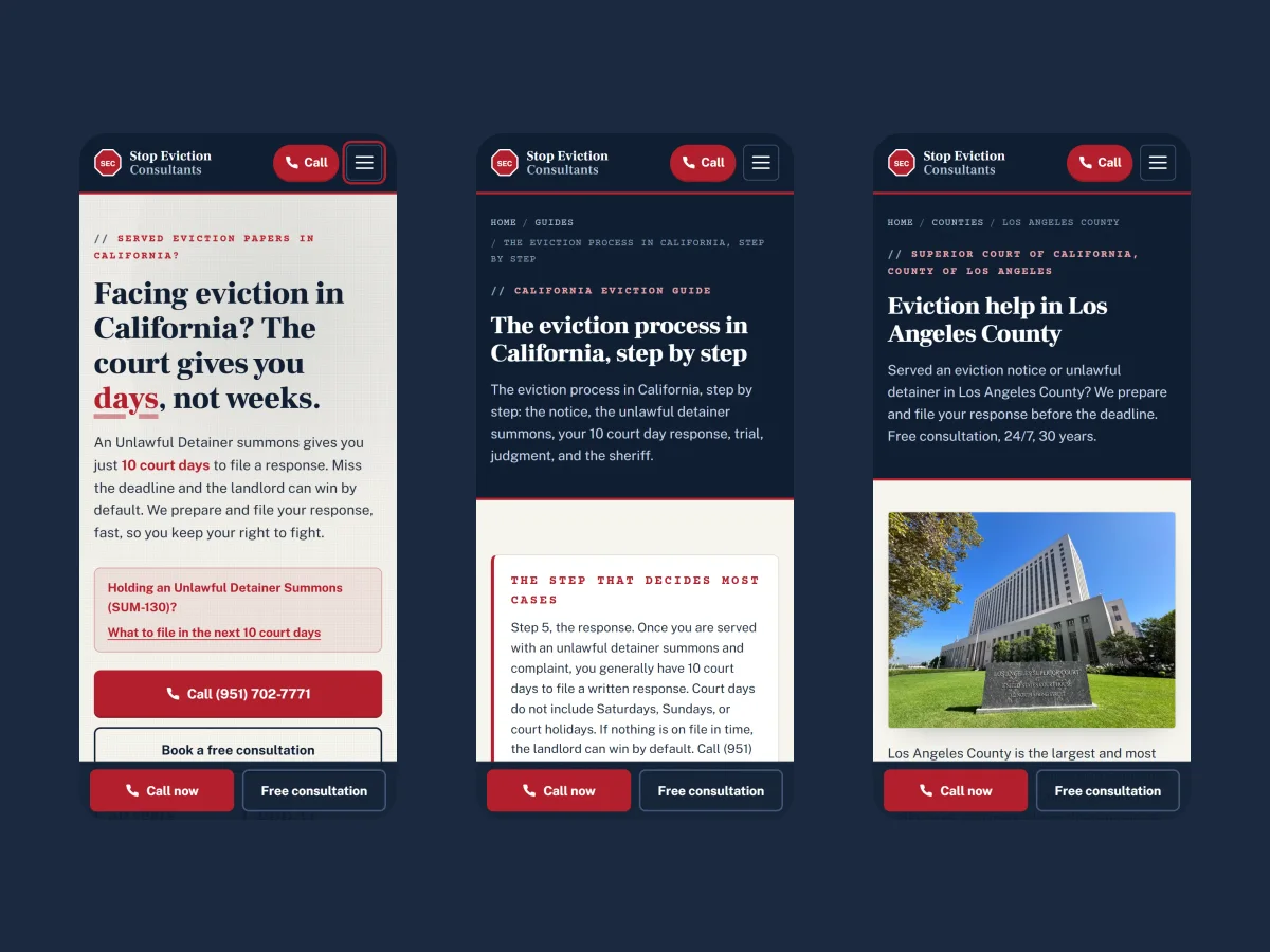 Stop Eviction Consultants on a phone: the home page, an eviction guide and the Los Angeles County page