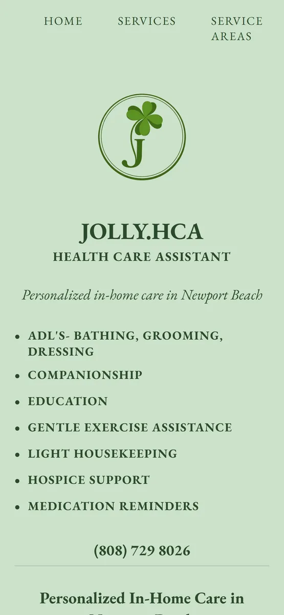 Jolly HCA home page on a phone, Newport Beach, CA, built by Just In-Builds