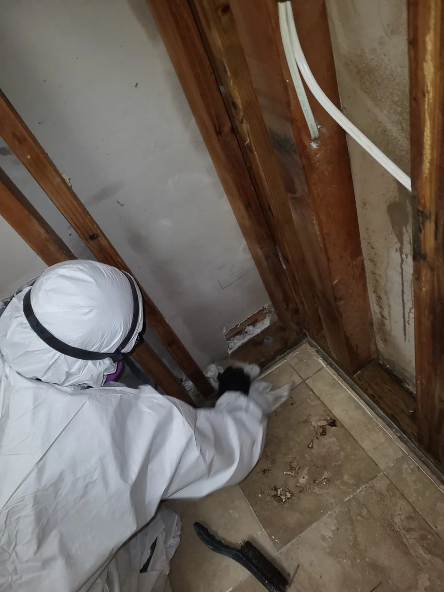 PropCheck Environmental inspector checking exposed framing inside a Yorba Linda, CA home