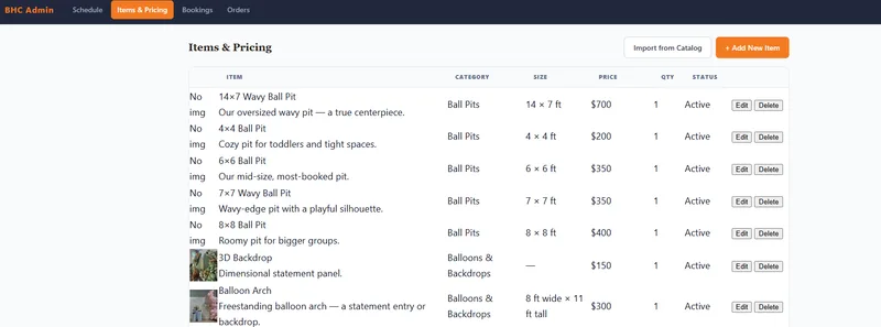 Bounce House City items and pricing screen: each rental with size, price, count, and buttons to edit