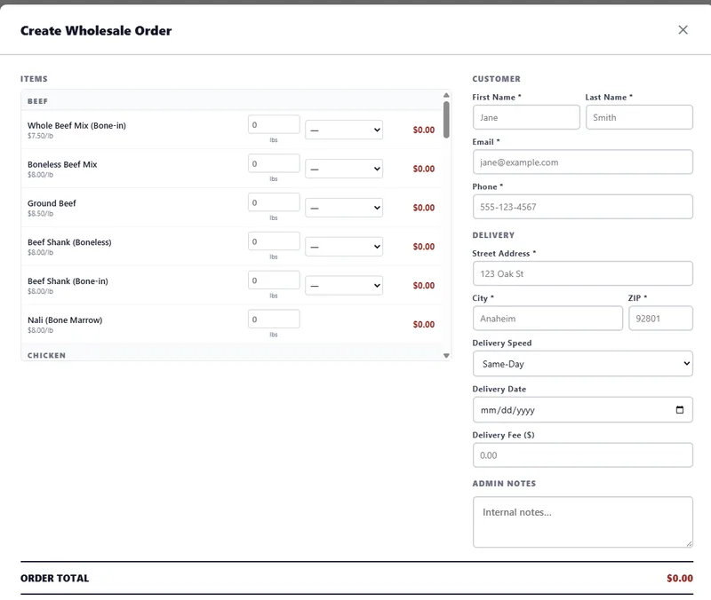 Wholesale order builder for SoCal Meat Co: beef items priced by the pound, customer and delivery fields, and a running order total