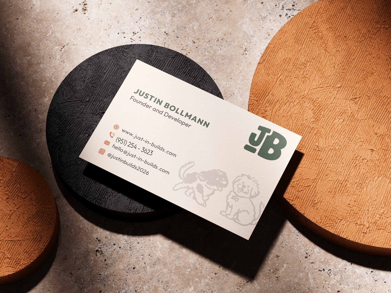 The back of the card: Justin Bollmann, Founder and Developer, www.just-in-builds.com, (951) 254-3623, hello@just-in-builds.com, @justinbuilds2026