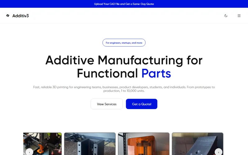 Custom 3d printing & manufacturing website design for Additiv3 in San Jose, CA, built by Just In-Builds