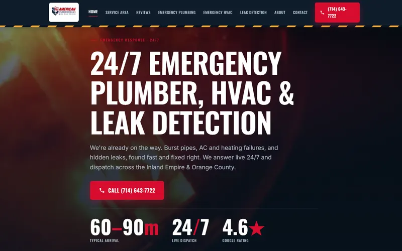 Custom home services website design for American Plumbing & HVAC in Corona, CA, built by Just In-Builds
