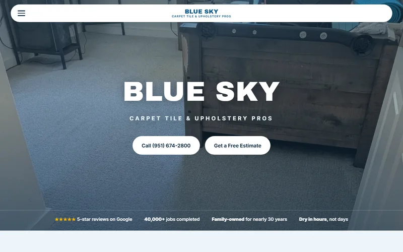 Custom carpet cleaning website design for Blue Sky Carpet Pros in Inland Empire, CA, built by Just In-Builds