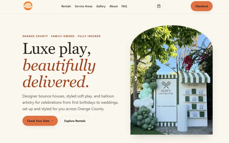 Custom rentals website design for Bounce House City in Santa Ana, CA, built by Just In-Builds