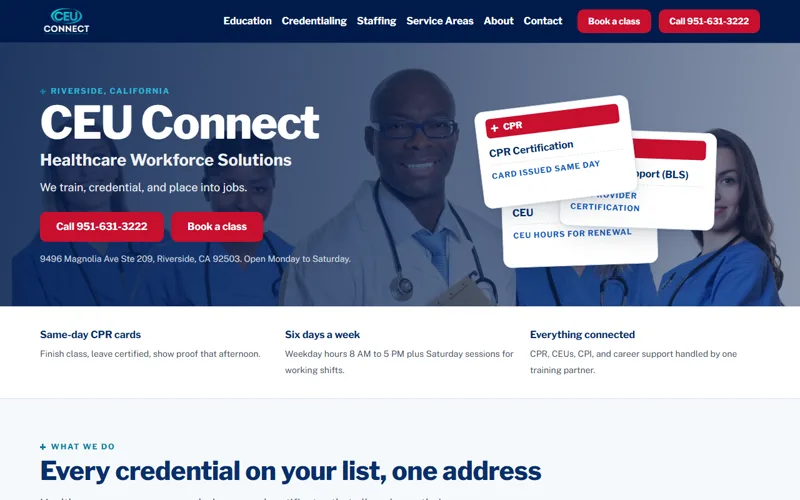 CEU Connect healthcare training and certification website homepage, Riverside CA