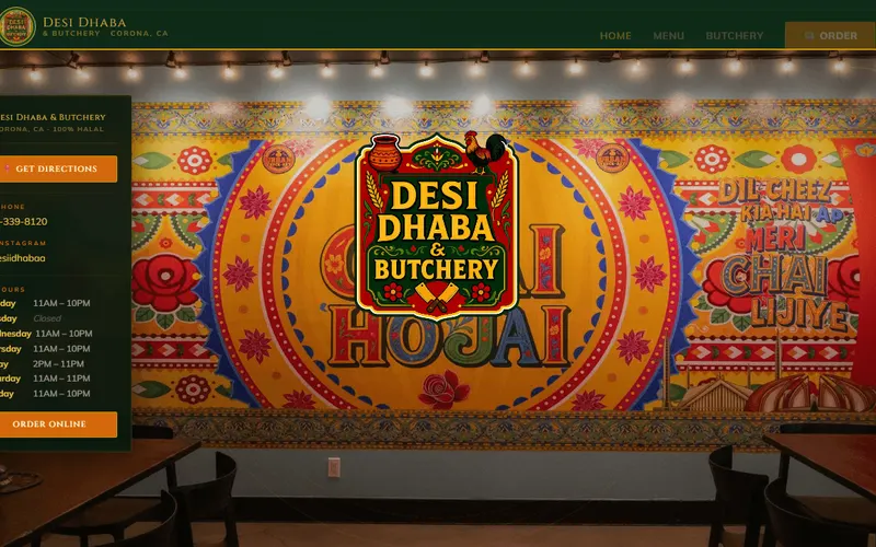 Custom restaurant / café website design for Desi Dhaba & Butchery in Corona, CA, built by Just In-Builds