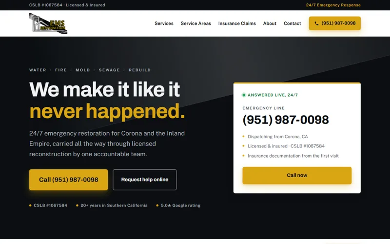 Custom restoration services website design for EMS Restoration in Corona, CA, built by Just In-Builds