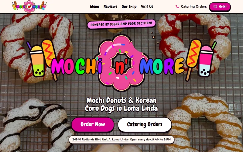 Custom dessert shop / korean street food website design for Mochi n' More in San Bernardino, CA, built by Just In-Builds