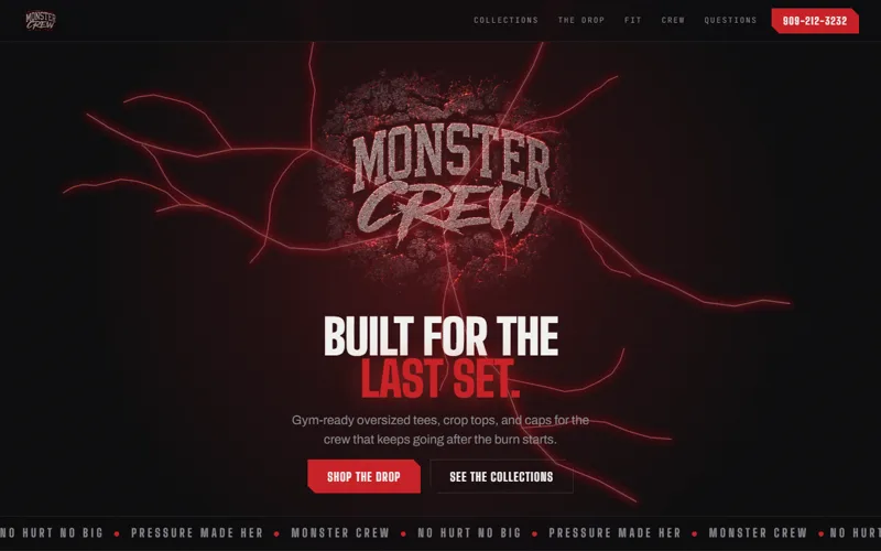 Monster Crew gym apparel brand landing page, Ontario CA