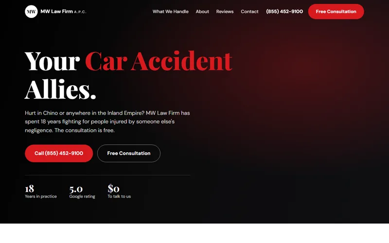 Custom personal injury law website design for MW Law Firm in Chino, CA, built by Just In-Builds
