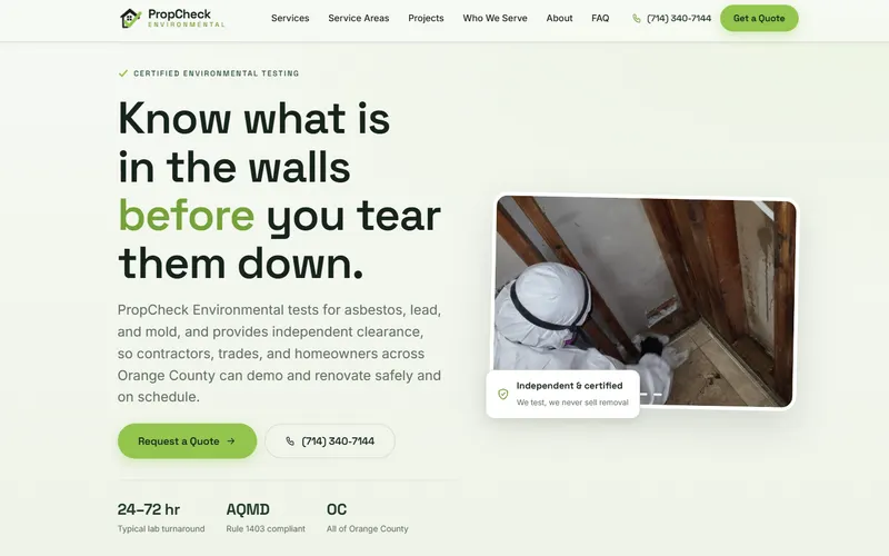 Custom environmental consulting website design for PropCheck Environmental in Yorba Linda, CA, built by Just In-Builds