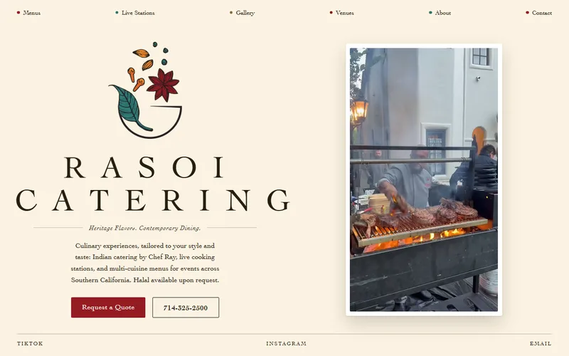 Custom indian catering & events website design for Rasoi Catering in San Dimas, CA, built by Just In-Builds