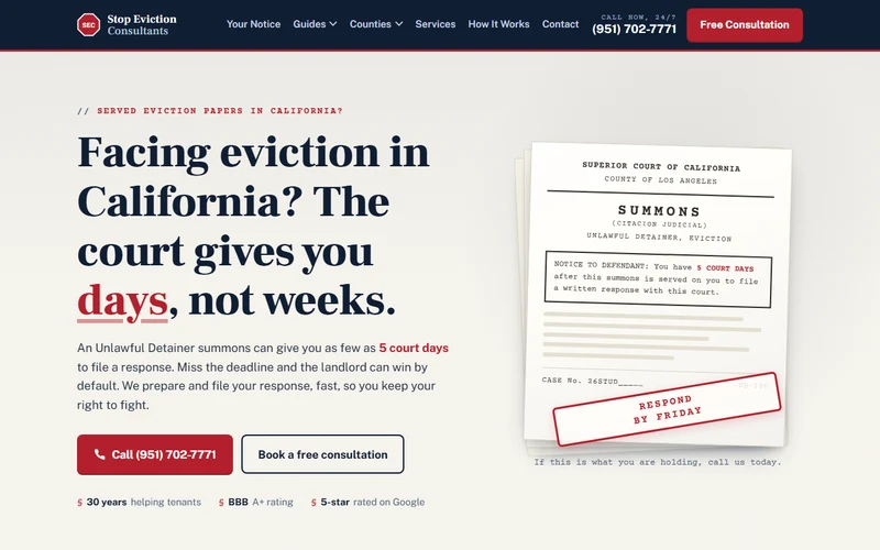Custom eviction help & legal document services website design for Stop Eviction Consultants in Diamond Bar, CA, built by Just In-Builds