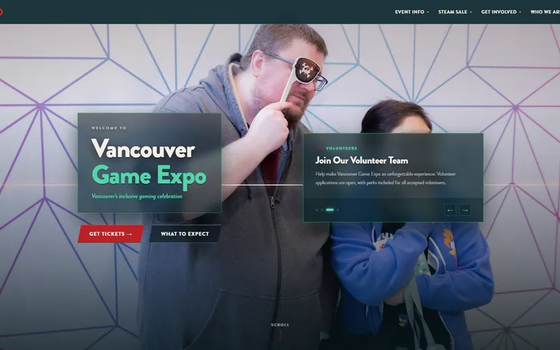 Vancouver Game Expo website homepage with gaming theme